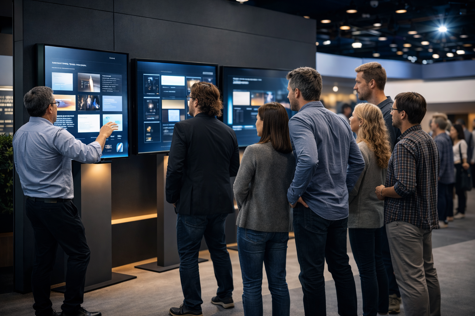 Besucher vor mehreren großen Displays am Messestand