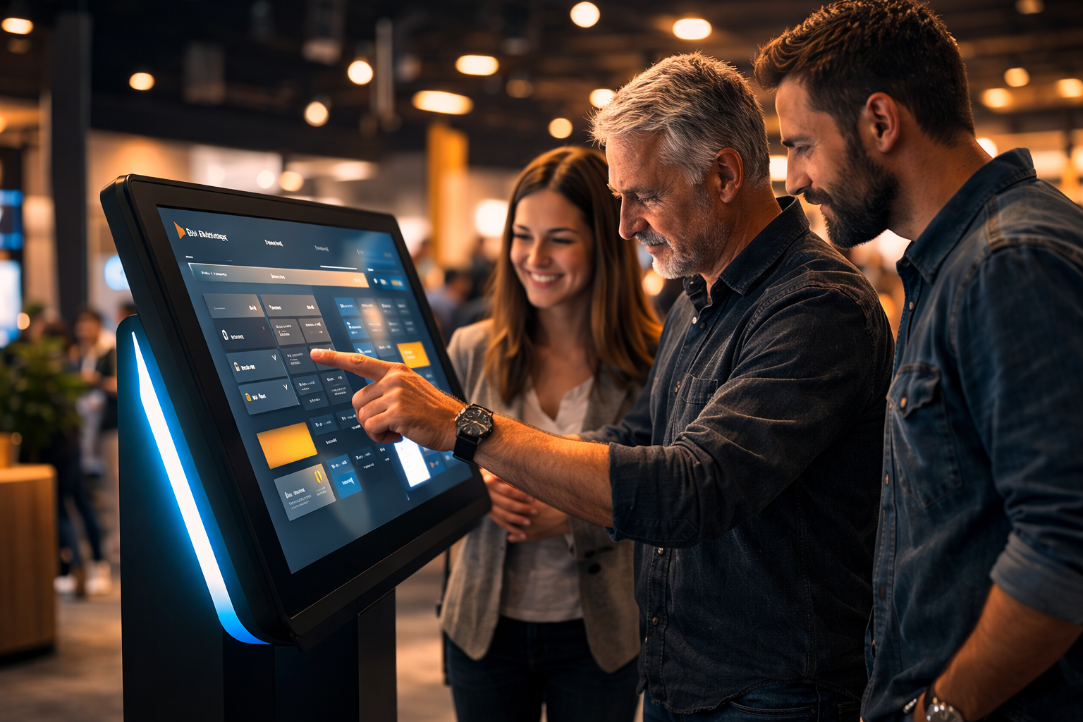 Besuchergruppe vor interaktivem Touch-Display